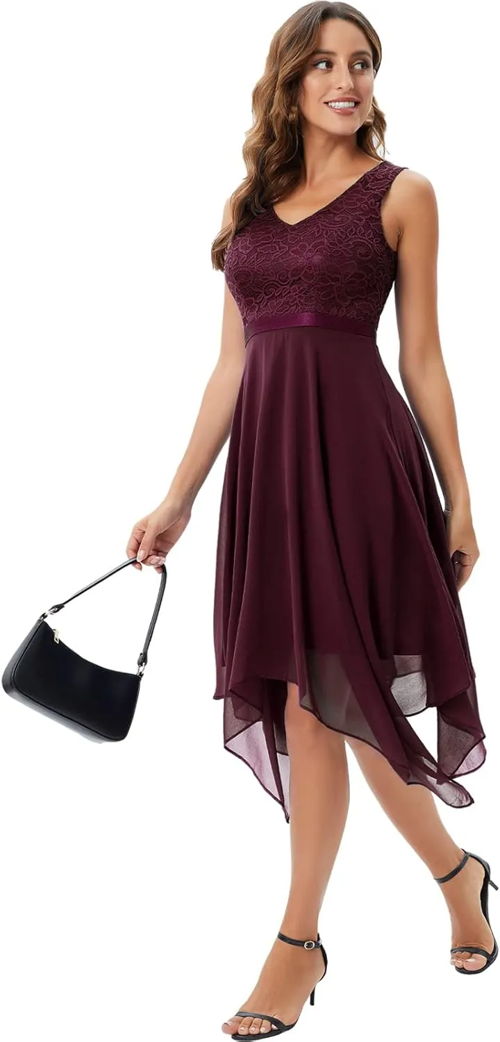 Meetjen Women's Lace Cocktail Party Dress 2025 Handkerchief Hem Bridesmaid Prom Formal Dresses for Wedding Guest