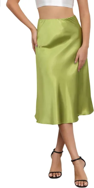 Mist Azur Women Silky Satin Side Split Skirt High Waist Elastic Elegant A Line Midi Skirts for Women