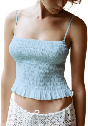 NUFIWI Women Shirred Cami Backless Spaghetti Strap Crop Top Smocked Sleeveless Sexy Ruched Tank Tops Trendy Streetwear