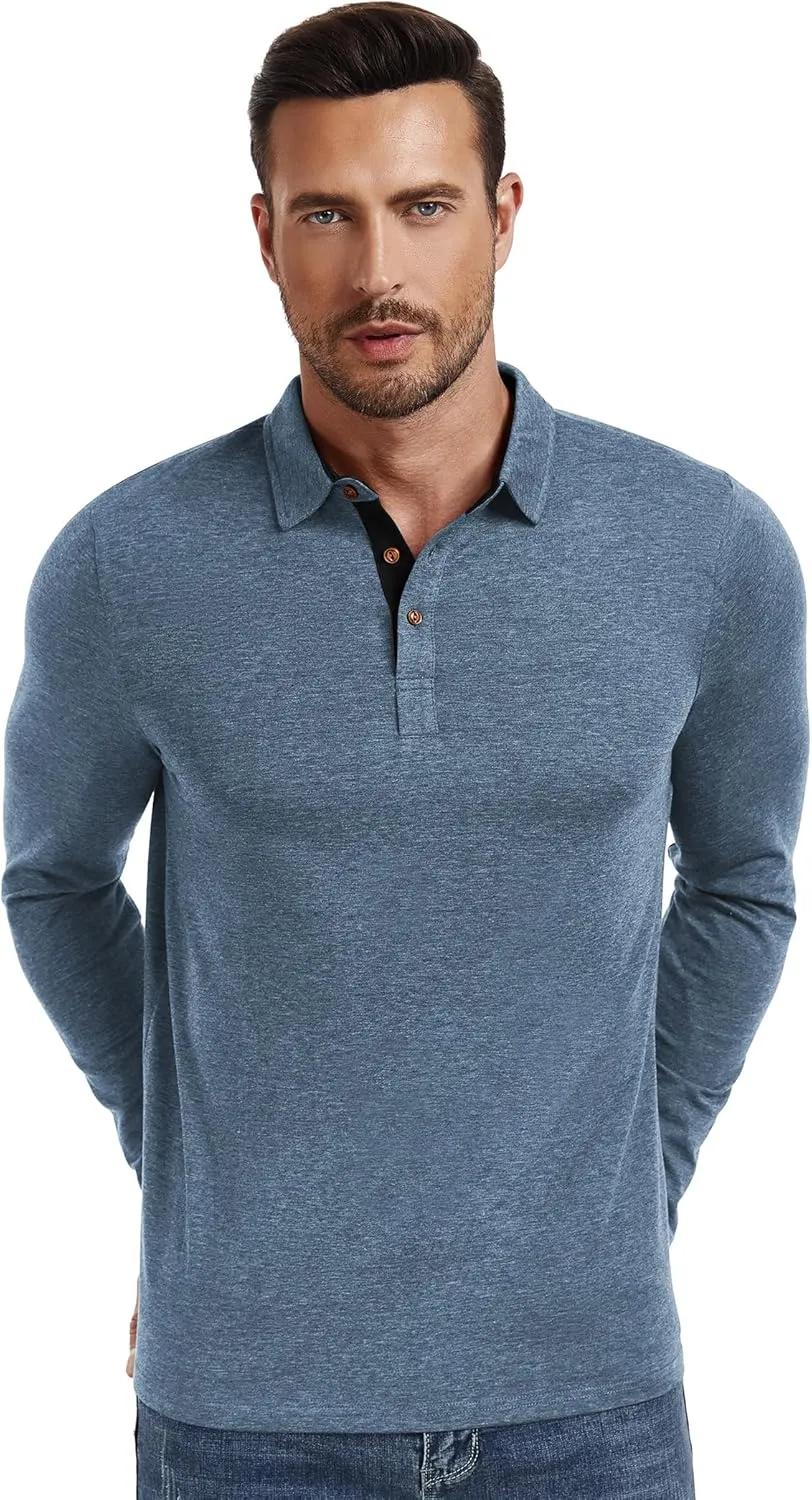 PEGENO Mens Polo Short/Long Sleeve Shirt Classic Button Basic Solid Color Designed Collared Polo Shirt Fashion Casual Shirts