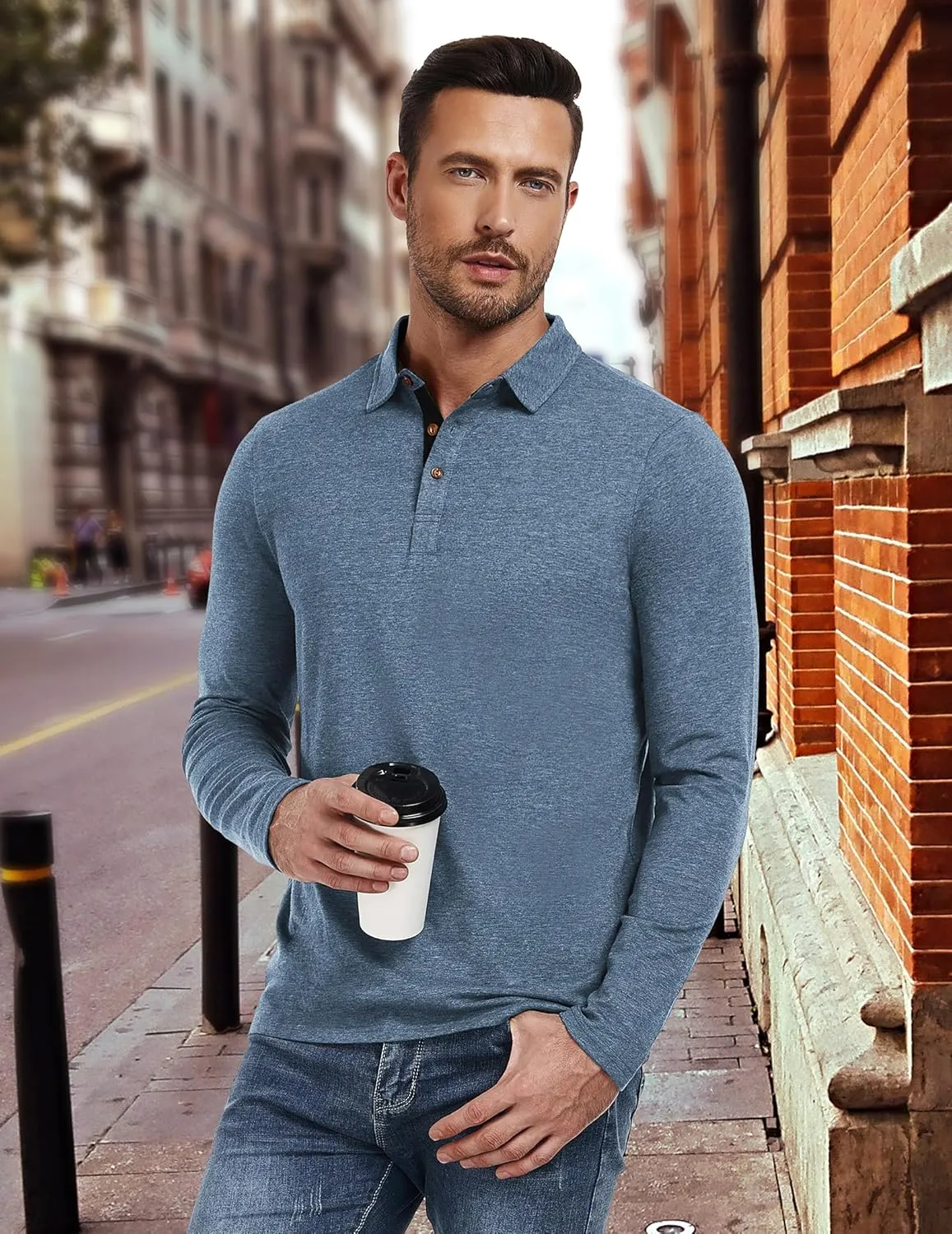 PEGENO Mens Polo Short/Long Sleeve Shirt Classic Button Basic Solid Color Designed Collared Polo Shirt Fashion Casual Shirts