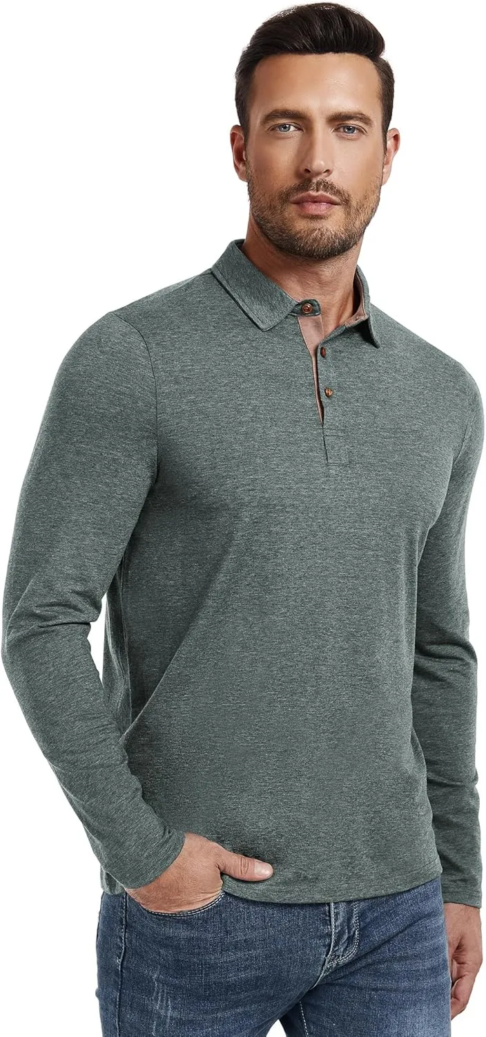 PEGENO Mens Polo Short/Long Sleeve Shirt Classic Button Basic Solid Color Designed Collared Polo Shirt Fashion Casual Shirts