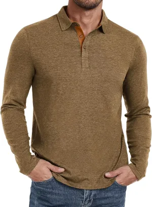 PEGENO Mens Polo Short/Long Sleeve Shirt Classic Button Basic Solid Color Designed Collared Polo Shirt Fashion Casual Shirts