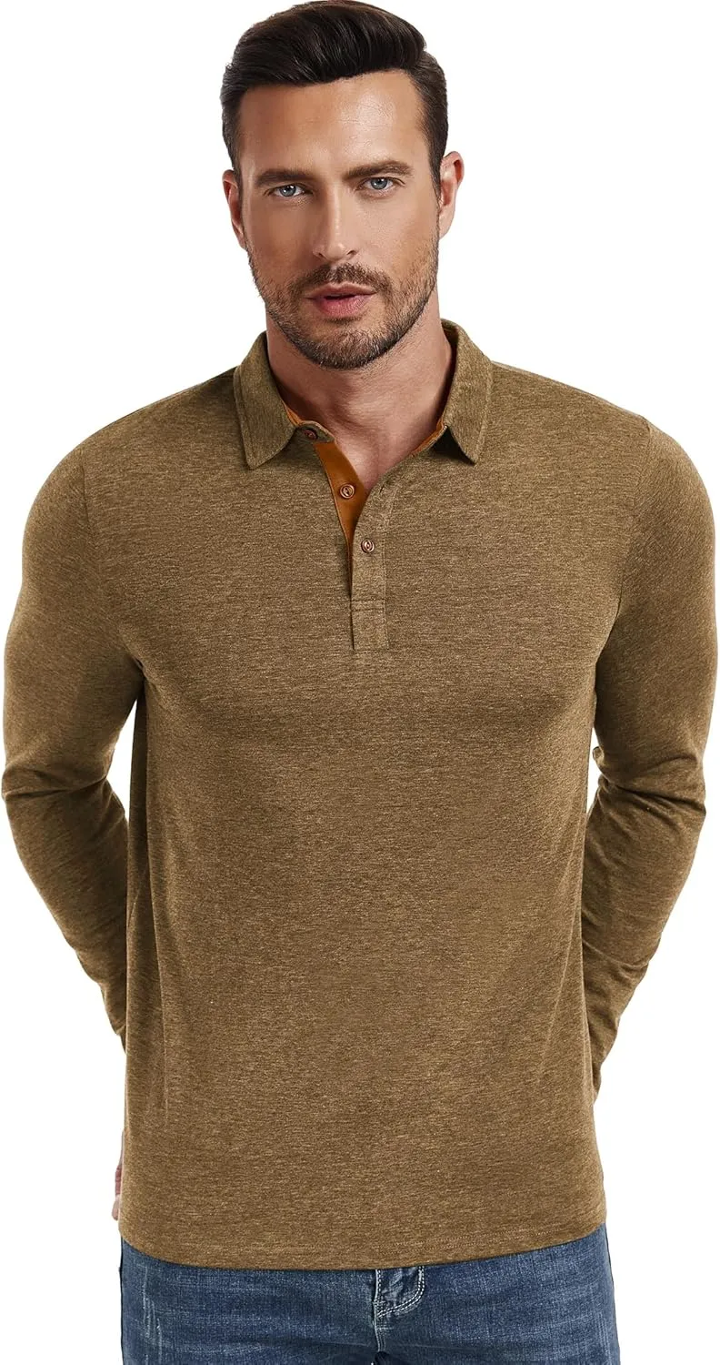 PEGENO Mens Polo Short/Long Sleeve Shirt Classic Button Basic Solid Color Designed Collared Polo Shirt Fashion Casual Shirts