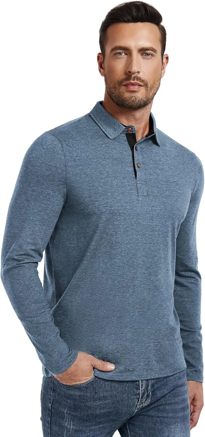 PEGENO Mens Polo Short/Long Sleeve Shirt Classic Button Basic Solid Color Designed Collared Polo Shirt Fashion Casual Shirts
