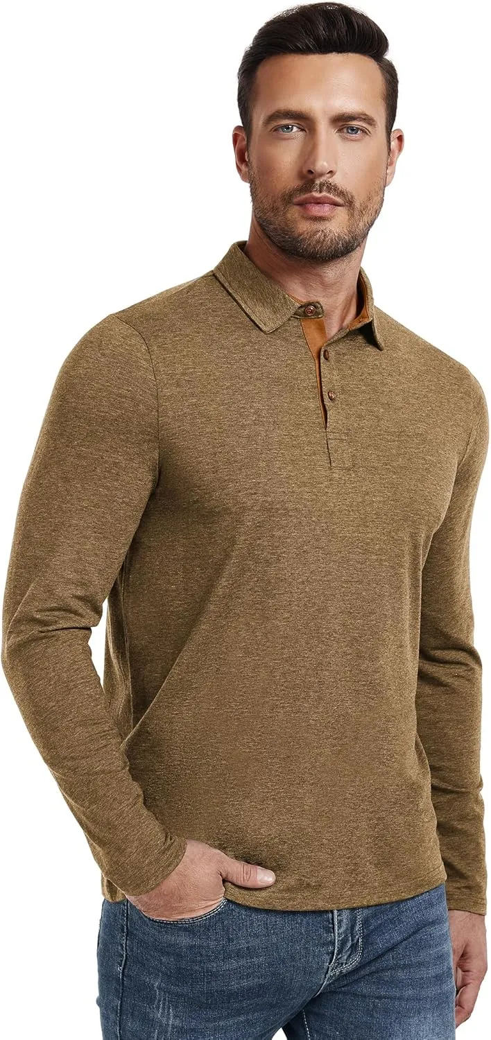 PEGENO Mens Polo Short/Long Sleeve Shirt Classic Button Basic Solid Color Designed Collared Polo Shirt Fashion Casual Shirts
