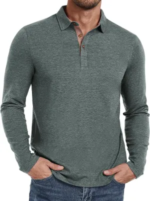 PEGENO Mens Polo Short/Long Sleeve Shirt Classic Button Basic Solid Color Designed Collared Polo Shirt Fashion Casual Shirts