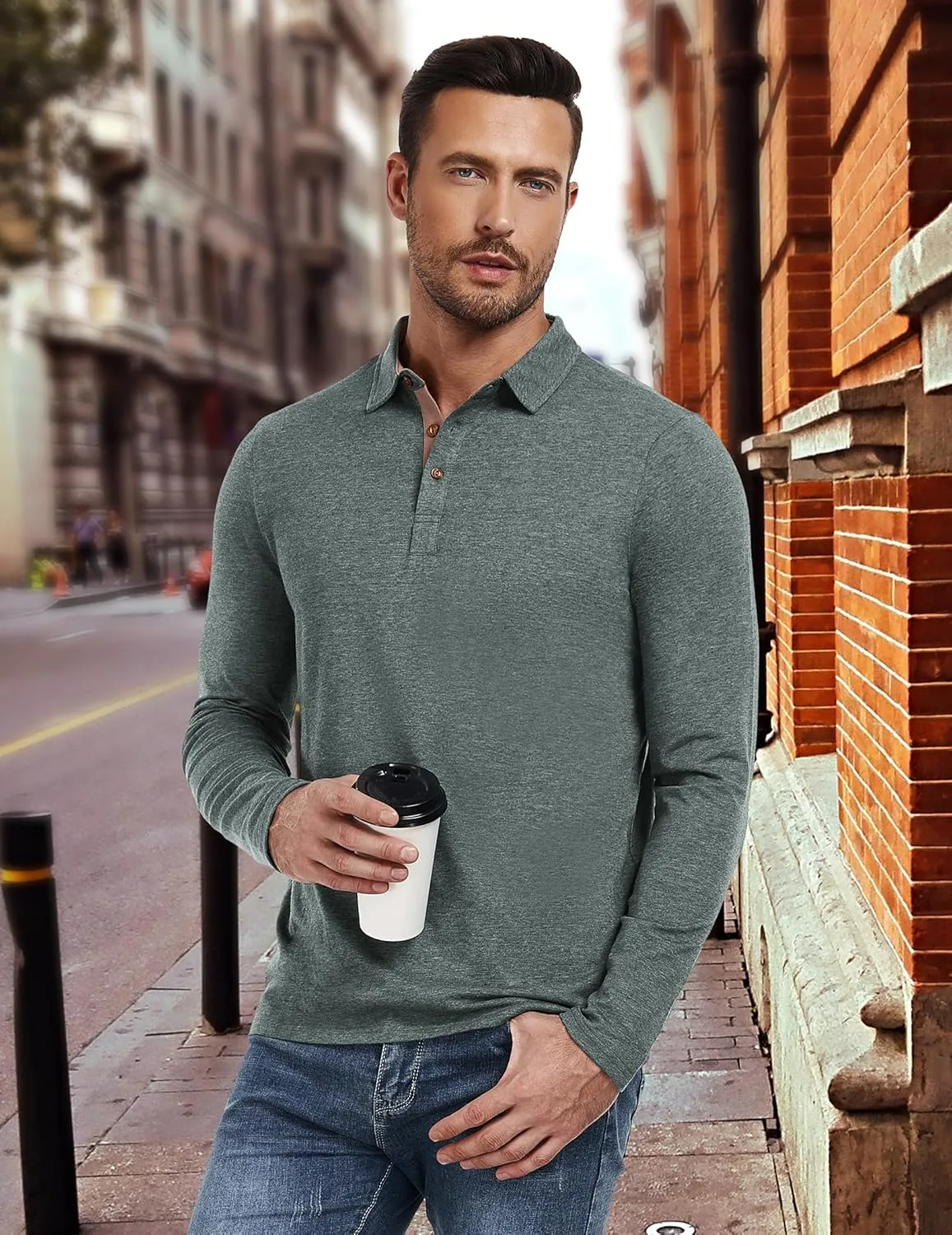 PEGENO Mens Polo Short/Long Sleeve Shirt Classic Button Basic Solid Color Designed Collared Polo Shirt Fashion Casual Shirts