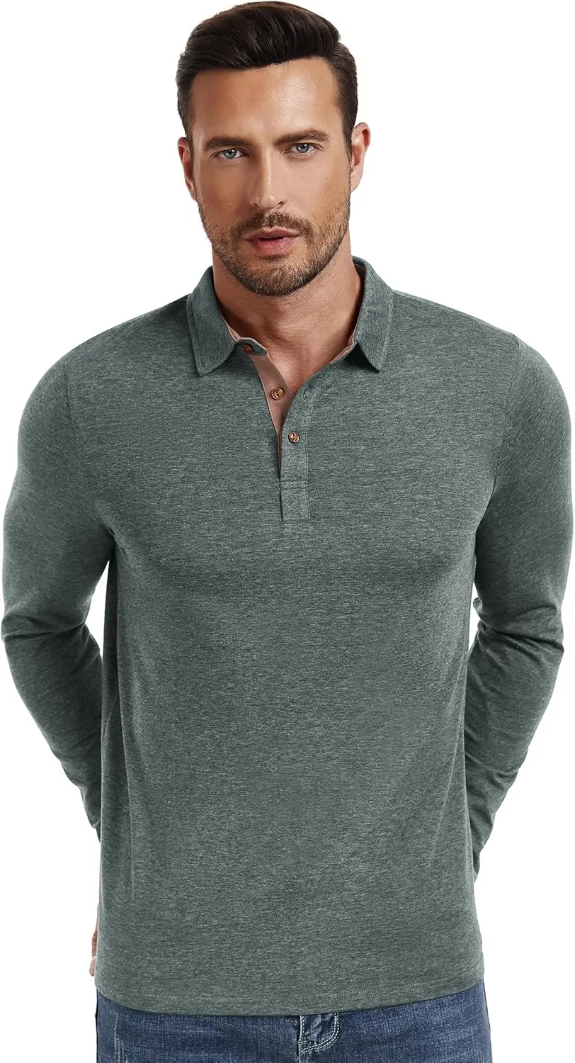 PEGENO Mens Polo Short/Long Sleeve Shirt Classic Button Basic Solid Color Designed Collared Polo Shirt Fashion Casual Shirts