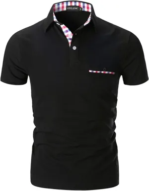 Polo Shirts for Men Short Sleeve Casual Fit Plaid Collar T-Shirts