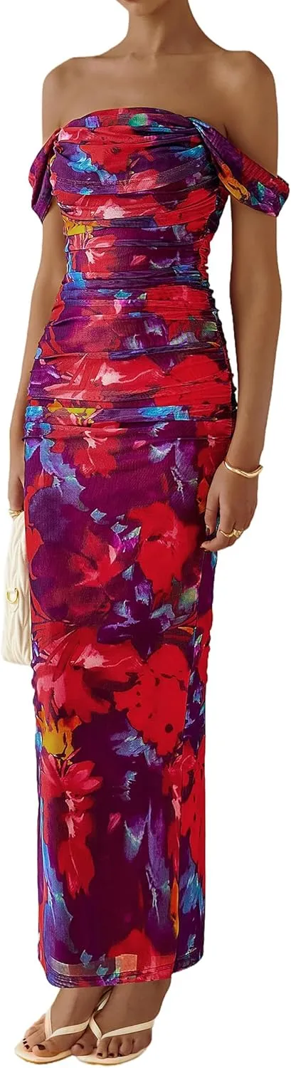 PRETTYGARDEN Women's Floral Maxi Dress 2025 Summer Off Shoulder Mesh Elegant Cocktail Party Ruched Bodycon Dresses
