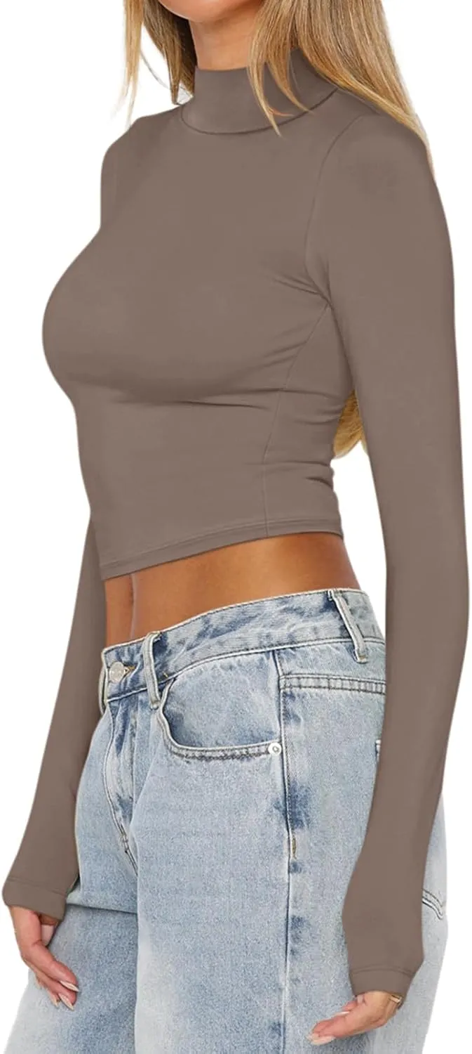 REORIA Women's Basic Mock Turtle Neck Long Sleeve Lightweight Double Lined Layering Slim Fitted Crop Top