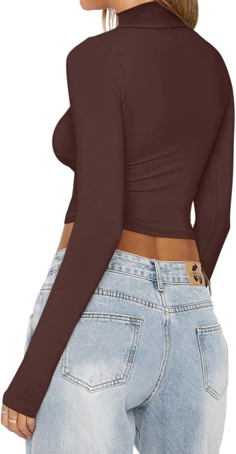 REORIA Women's Basic Mock Turtle Neck Long Sleeve Lightweight Double Lined Layering Slim Fitted Crop Top