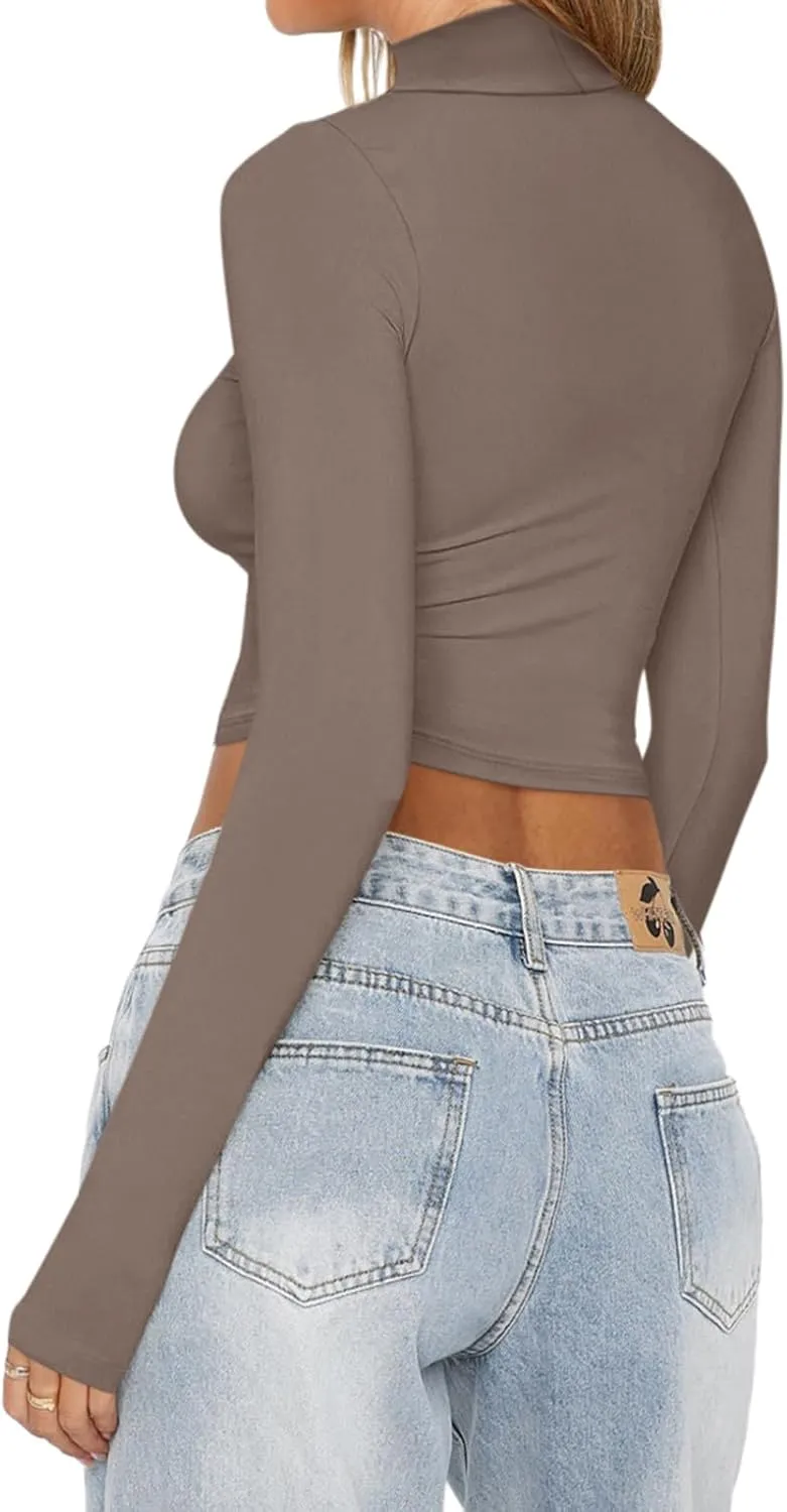 REORIA Women's Basic Mock Turtle Neck Long Sleeve Lightweight Double Lined Layering Slim Fitted Crop Top