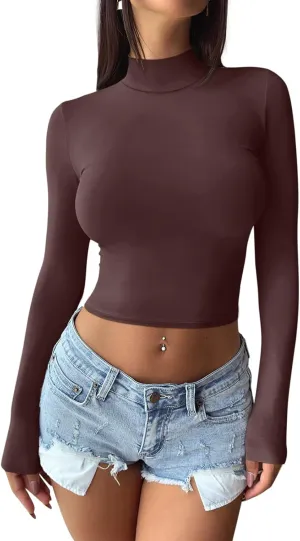REORIA Women's Basic Mock Turtle Neck Long Sleeve Lightweight Double Lined Layering Slim Fitted Crop Top