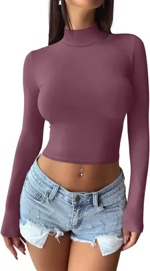 REORIA Women's Basic Mock Turtle Neck Long Sleeve Lightweight Double Lined Layering Slim Fitted Crop Top