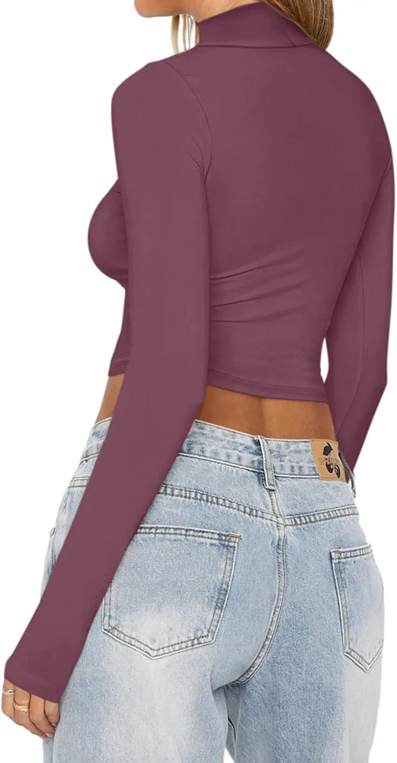 REORIA Women's Basic Mock Turtle Neck Long Sleeve Lightweight Double Lined Layering Slim Fitted Crop Top
