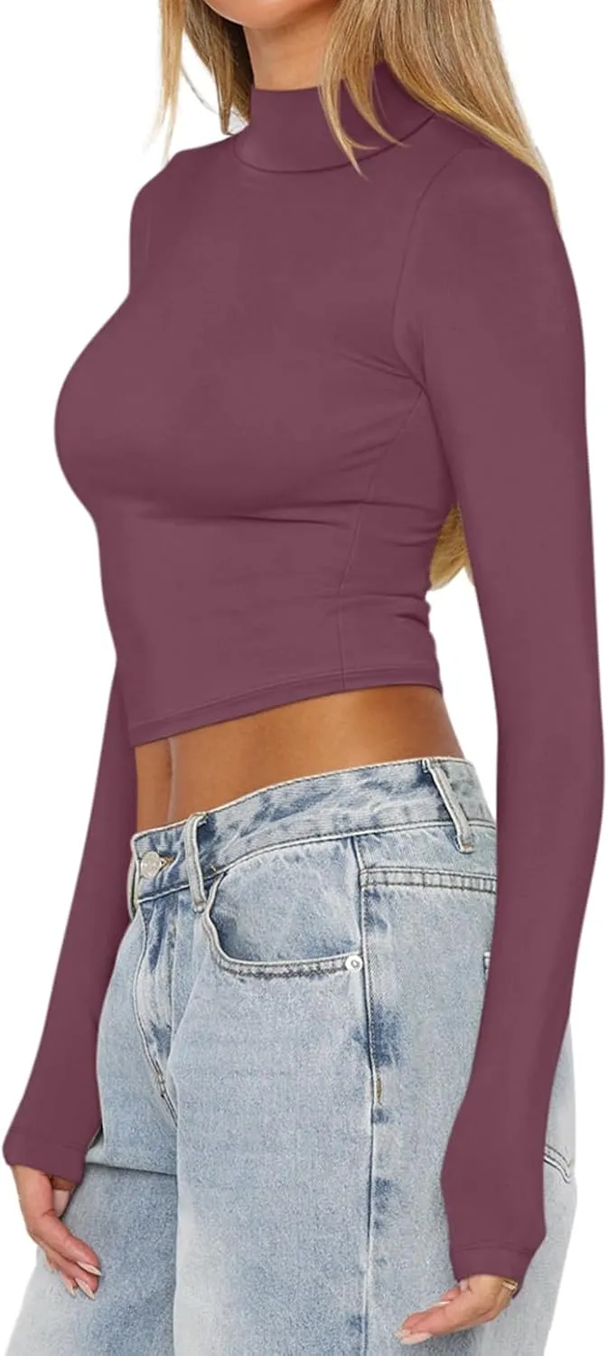 REORIA Women's Basic Mock Turtle Neck Long Sleeve Lightweight Double Lined Layering Slim Fitted Crop Top