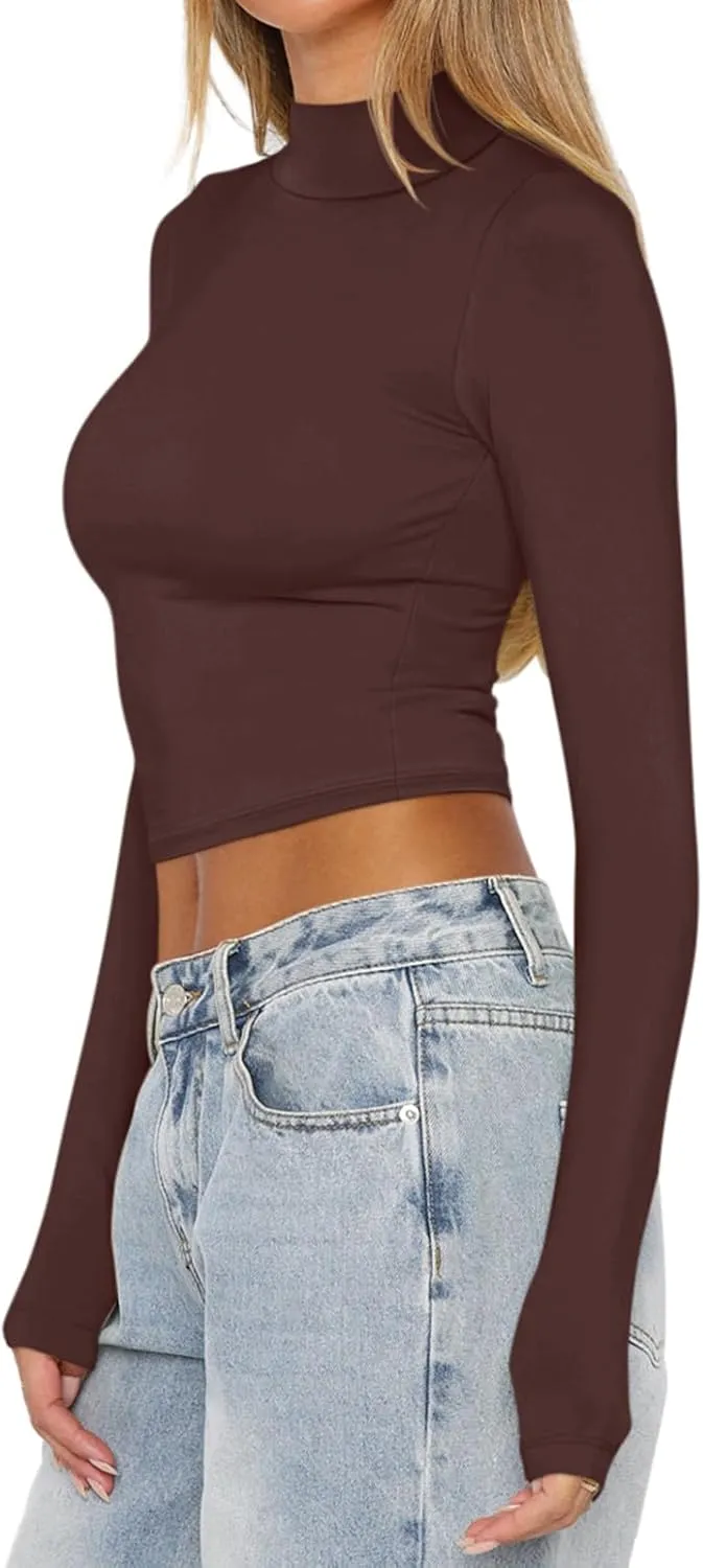 REORIA Women's Basic Mock Turtle Neck Long Sleeve Lightweight Double Lined Layering Slim Fitted Crop Top