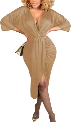 Rooscier Women's Deep V Neck Wrap Slit Hem Ruched Bodycon Sexy Party Midi Dress