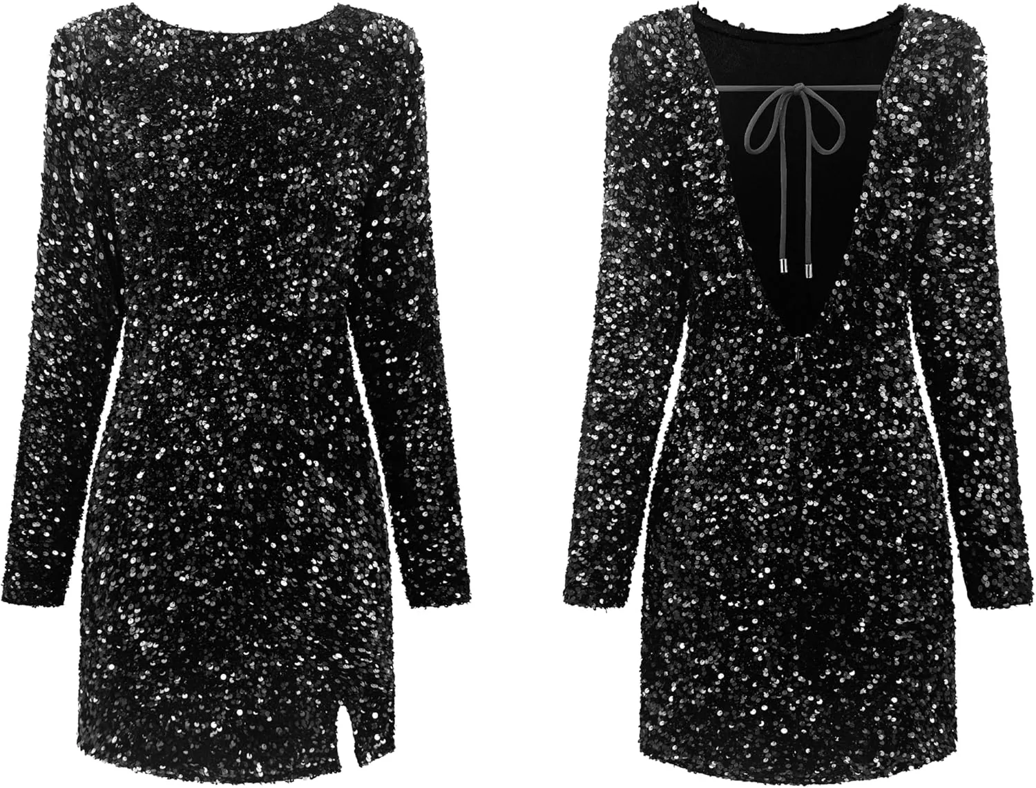 R.Vivimos Women's Sequin Bodycon Dress Fall Winter Velvet Warm Long Sleeve Crew Neck Sexy Backless Glitter Slit Mini Dress