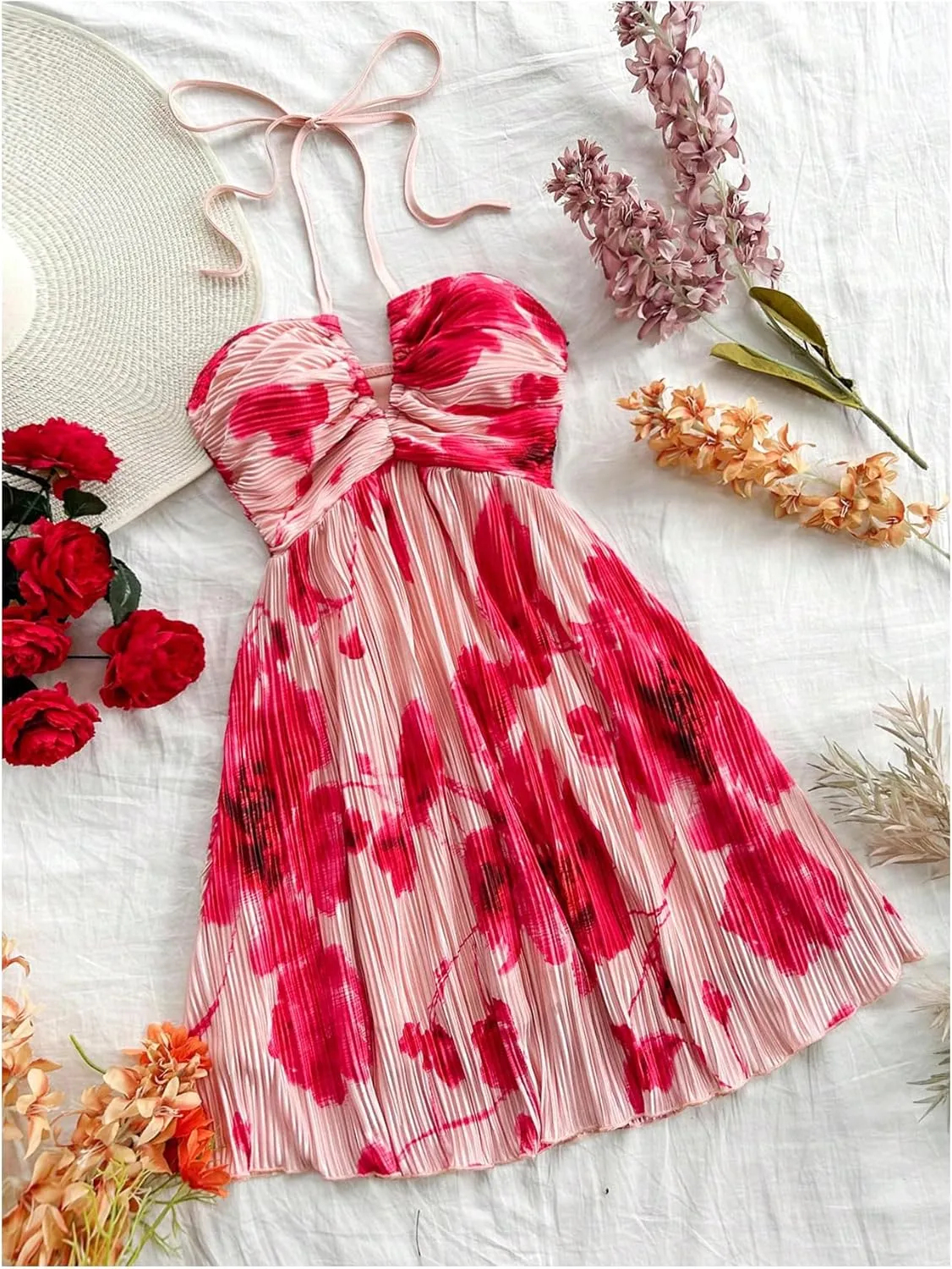 SOLY HUX Women's Tie Dye Cami Dress Halter Backless Sleeveless A Line Short Summer Dresses Sundress