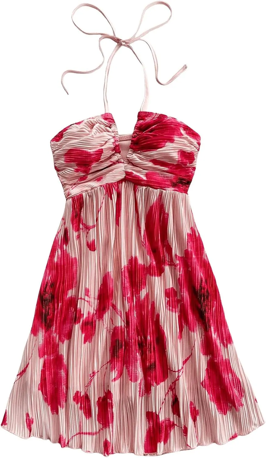 SOLY HUX Women's Tie Dye Cami Dress Halter Backless Sleeveless A Line Short Summer Dresses Sundress