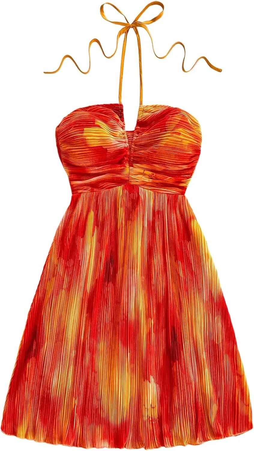 SOLY HUX Women's Tie Dye Cami Dress Halter Backless Sleeveless A Line Short Summer Dresses Sundress