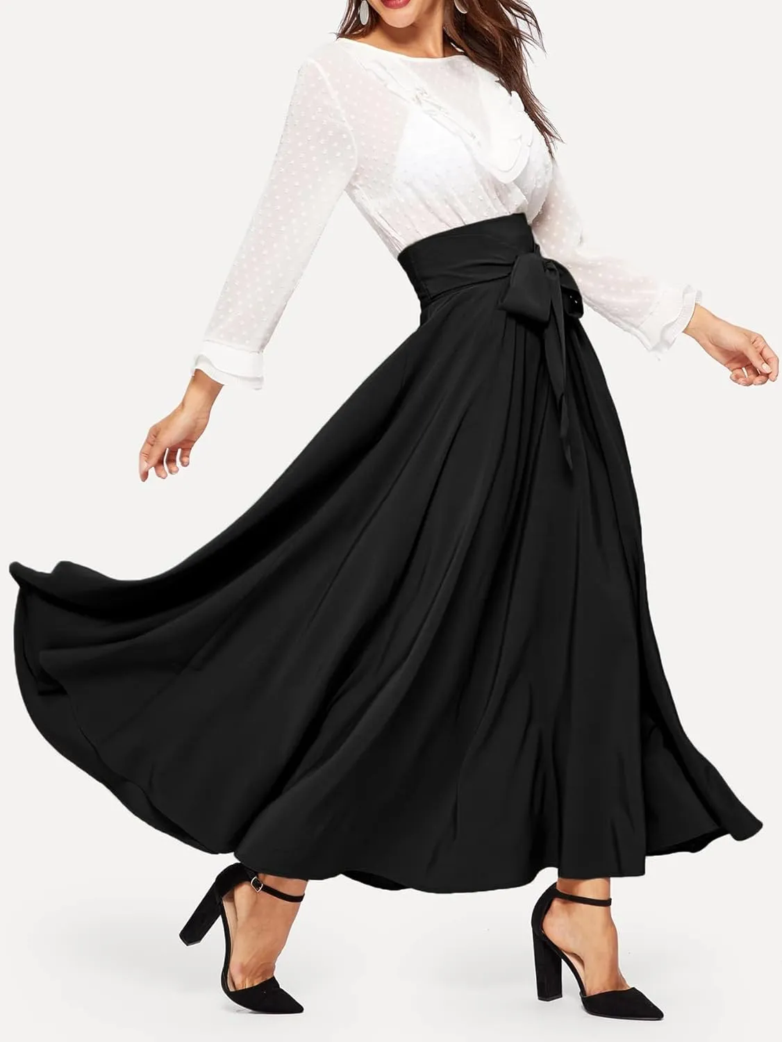 SweatyRocks Women's Elegant High Waist Skirt Tie Front Pleated Maxi Skirts