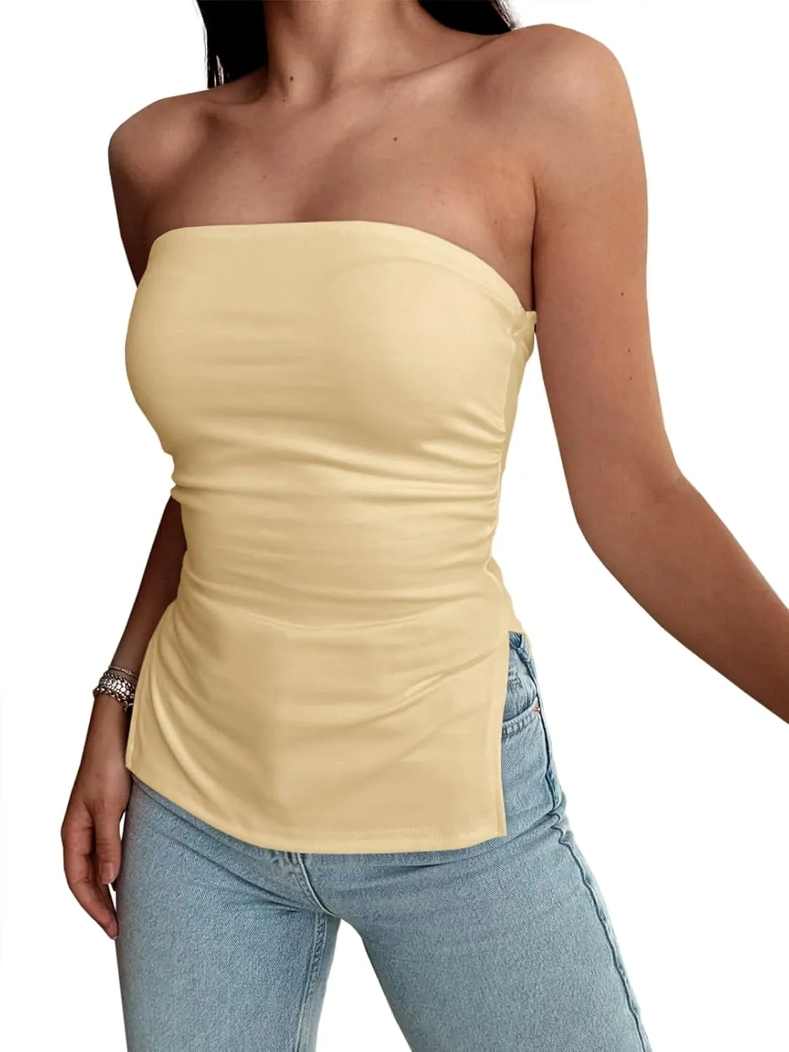 Tankaneo Womens Summer Tube Top Strapless Split Hem Tops Trendy Fitted Going Out Bandeau Shirts