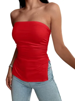 Tankaneo Womens Summer Tube Top Strapless Split Hem Tops Trendy Fitted Going Out Bandeau Shirts