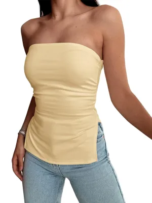 Tankaneo Womens Summer Tube Top Strapless Split Hem Tops Trendy Fitted Going Out Bandeau Shirts