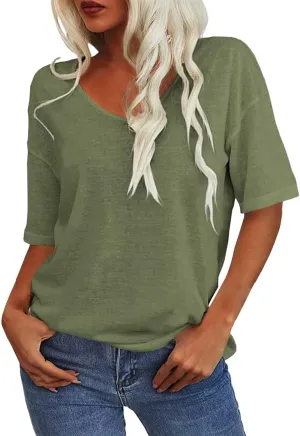 Tranquilm T Shirts, Tranquilm Women's Solid Color V-Neck Casual 2025 Summer Short Sleeve Loose Fit Tees Casual Tops