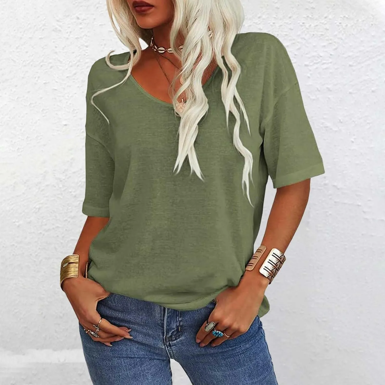 Tranquilm T Shirts, Tranquilm Women's Solid Color V-Neck Casual 2025 Summer Short Sleeve Loose Fit Tees Casual Tops
