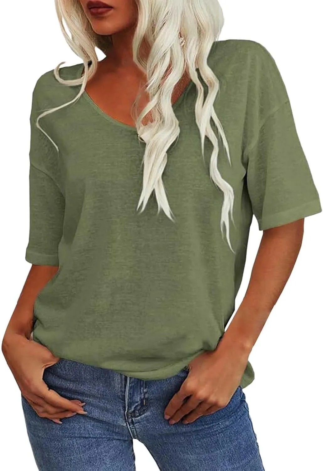 Tranquilm T Shirts, Tranquilm Women's Solid Color V-Neck Casual 2025 Summer Short Sleeve Loose Fit Tees Casual Tops
