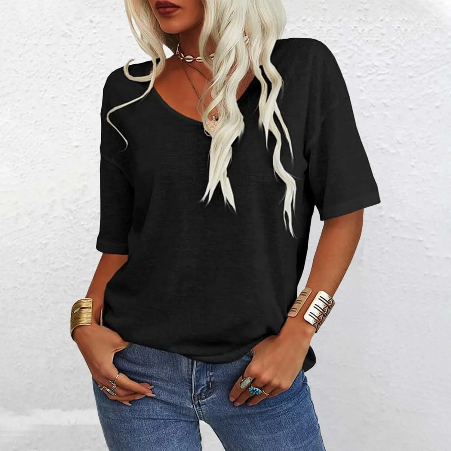 Tranquilm T Shirts, Tranquilm Women's Solid Color V-Neck Casual 2025 Summer Short Sleeve Loose Fit Tees Casual Tops