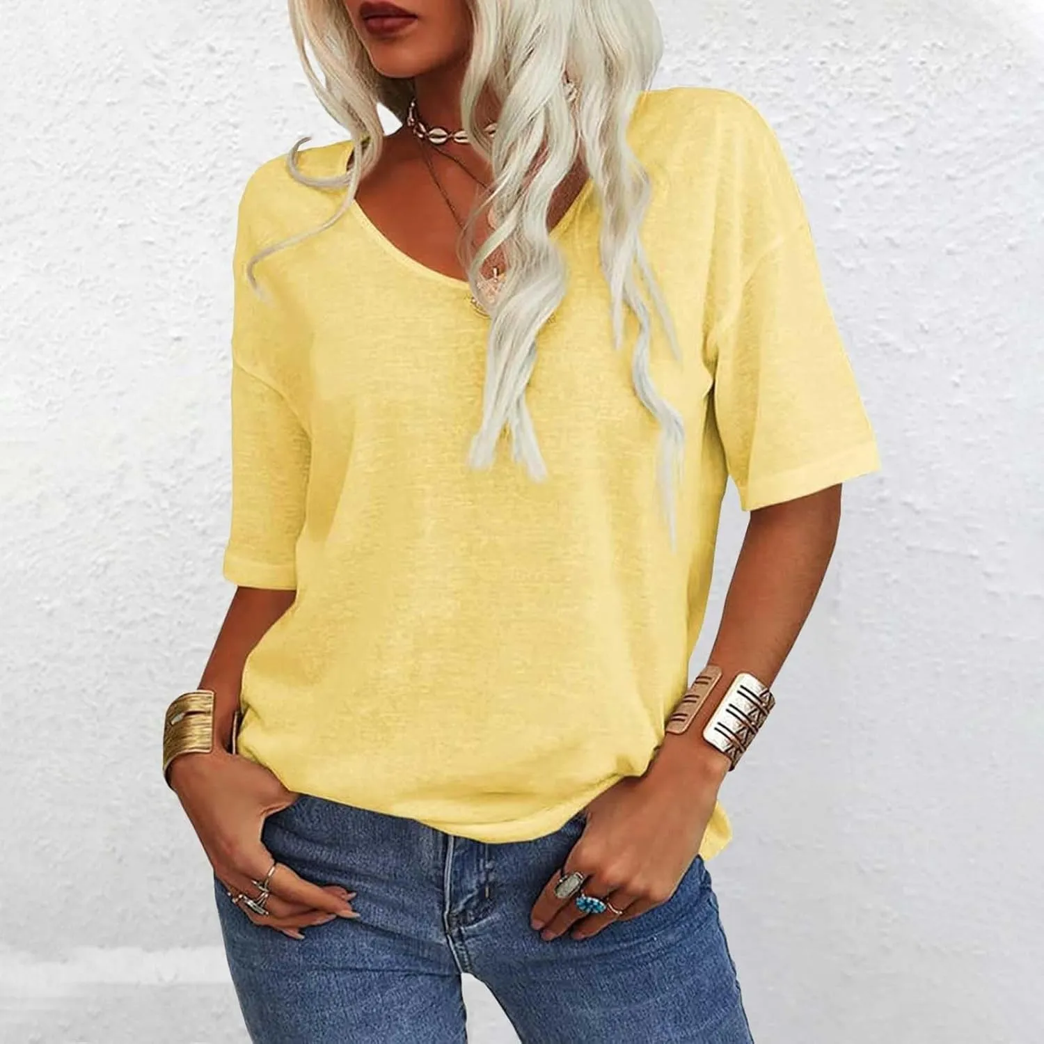 Tranquilm T Shirts, Tranquilm Women's Solid Color V-Neck Casual 2025 Summer Short Sleeve Loose Fit Tees Casual Tops