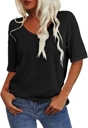 Tranquilm T Shirts, Tranquilm Women's Solid Color V-Neck Casual 2025 Summer Short Sleeve Loose Fit Tees Casual Tops