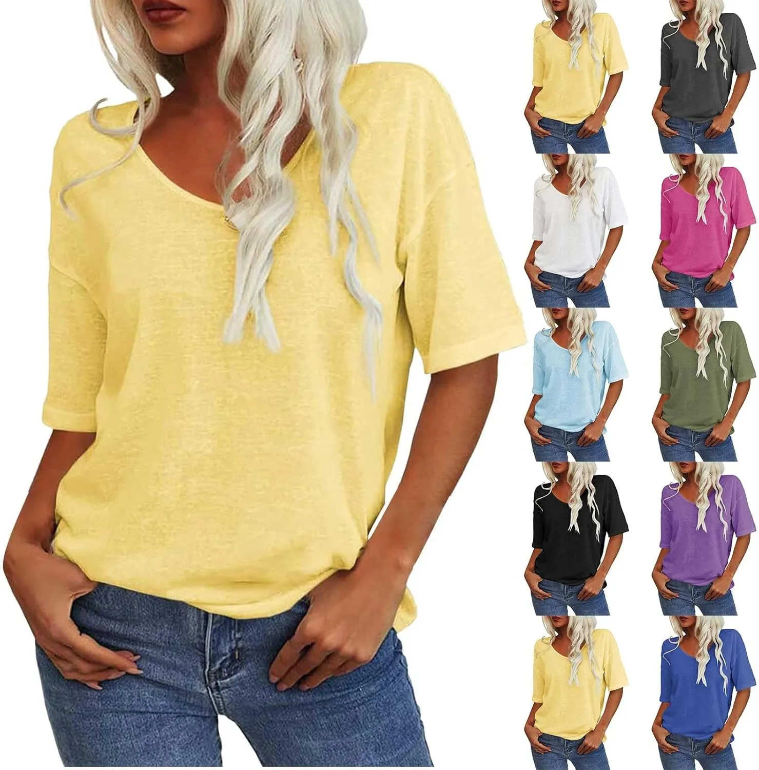 Tranquilm T Shirts, Tranquilm Women's Solid Color V-Neck Casual 2025 Summer Short Sleeve Loose Fit Tees Casual Tops