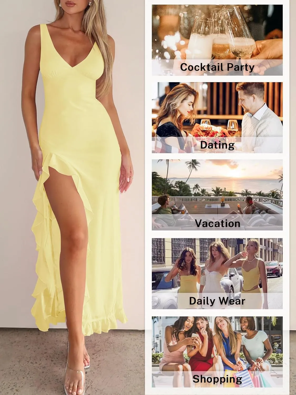 Women Sexy V Neck Sleeveless Mesh Ruffle Hem Bodycon Maxi Casual Backless High Slit Cocktail Party Dress