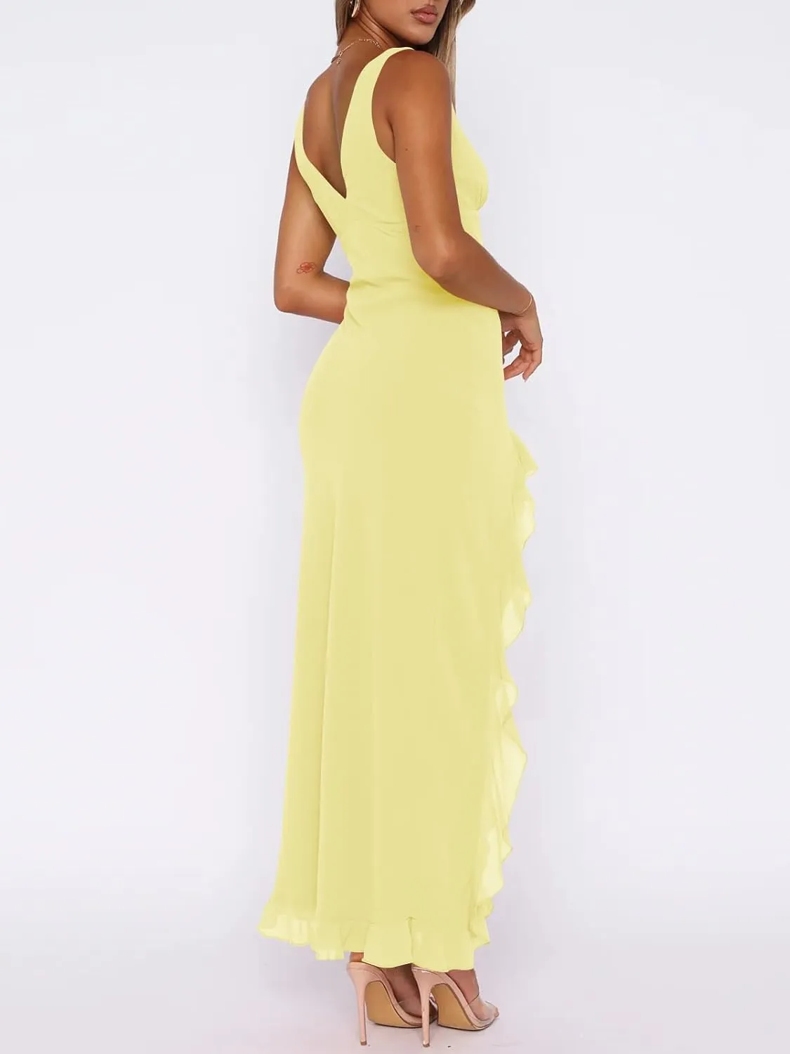 Women Sexy V Neck Sleeveless Mesh Ruffle Hem Bodycon Maxi Casual Backless High Slit Cocktail Party Dress