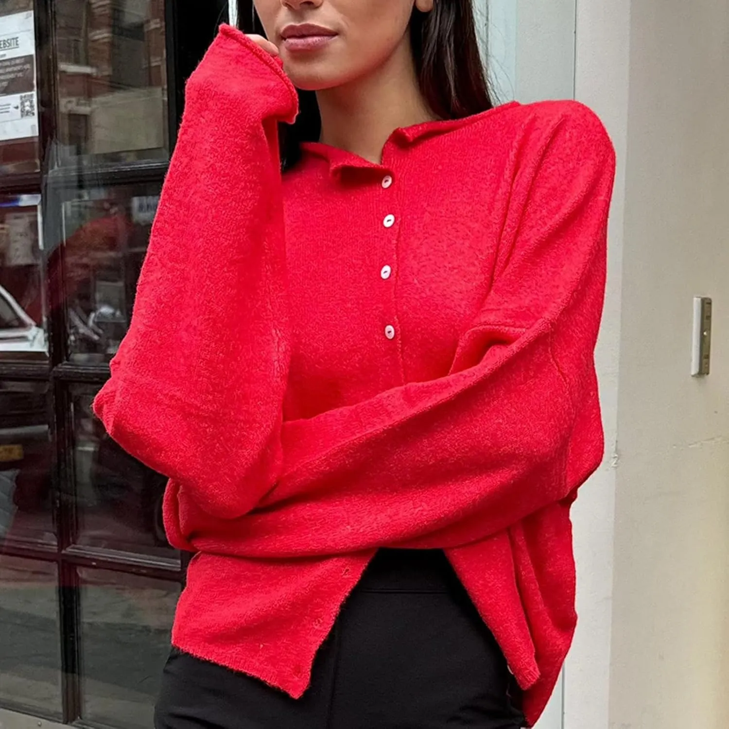 Women Y2k Long Sleeve Crop Cardigan Knitted Solid Color Fuzzy Button Down Sweater Shirt Teen Girls Clothes