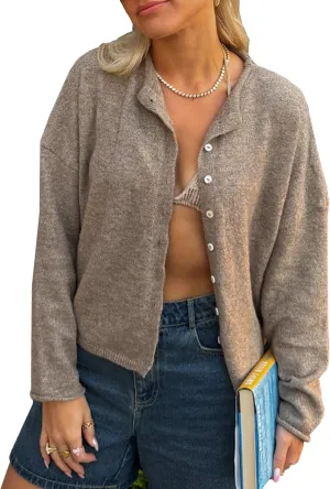 Women Y2k Long Sleeve Crop Cardigan Knitted Solid Color Fuzzy Button Down Sweater Shirt Teen Girls Clothes