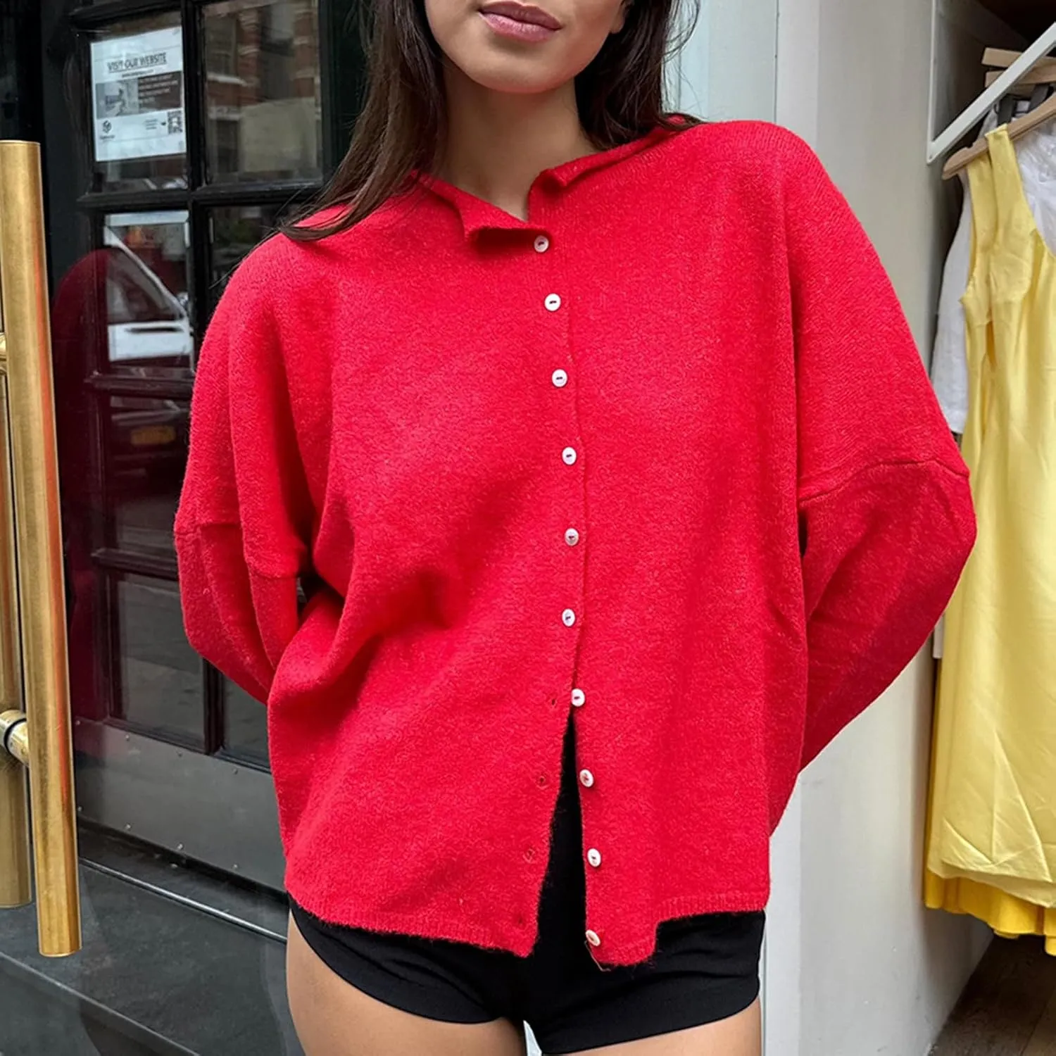 Women Y2k Long Sleeve Crop Cardigan Knitted Solid Color Fuzzy Button Down Sweater Shirt Teen Girls Clothes