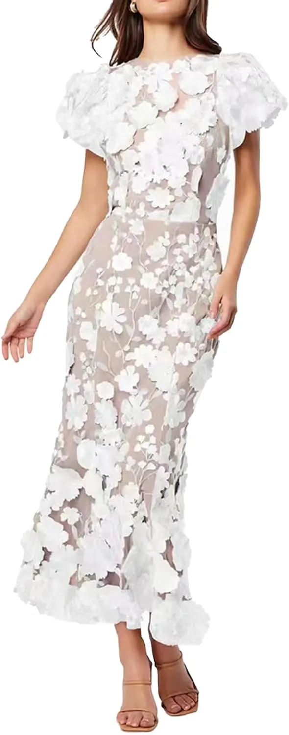 Women's 3D Floral Embroidery Dress Ruffle Sleeve Fishtail Lace Bodycon Party Cocktail Mixi Dress