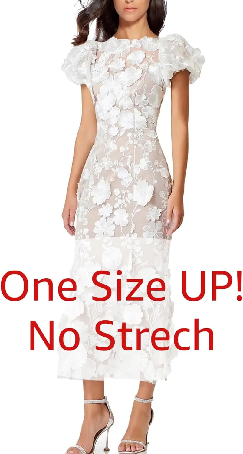 Women's 3D Floral Embroidery Dress Ruffle Sleeve Fishtail Lace Bodycon Party Cocktail Mixi Dress