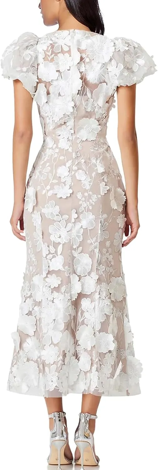 Women's 3D Floral Embroidery Dress Ruffle Sleeve Fishtail Lace Bodycon Party Cocktail Mixi Dress