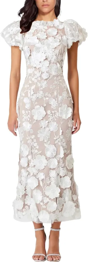 Women's 3D Floral Embroidery Dress Ruffle Sleeve Fishtail Lace Bodycon Party Cocktail Mixi Dress