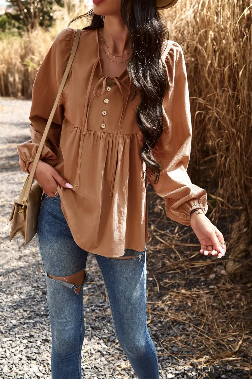 Women's Casual Tops Peplum Blouse Tie V Neck Long Sleeve Babydoll Loose Shirts Blouses Tops