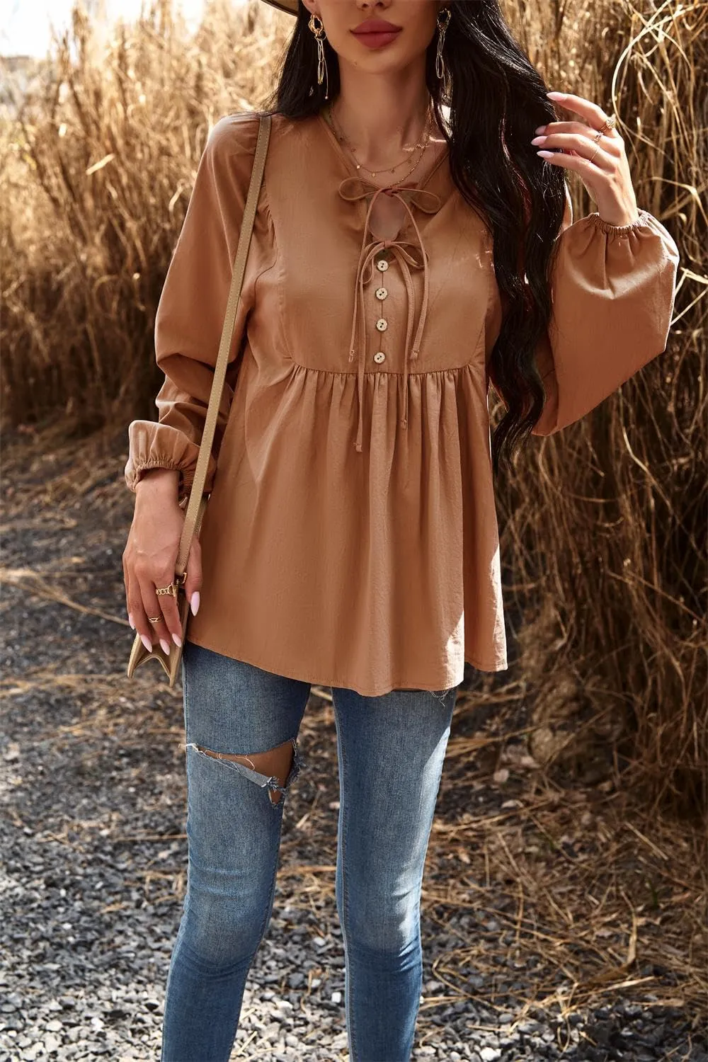 Women's Casual Tops Peplum Blouse Tie V Neck Long Sleeve Babydoll Loose Shirts Blouses Tops